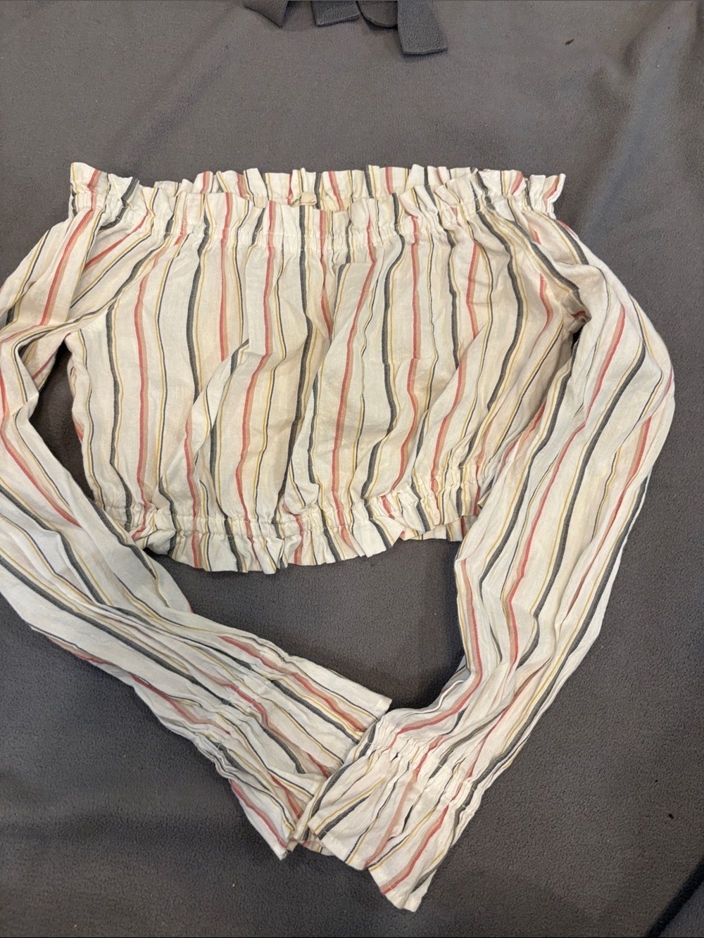 Women’s Billabong Striped Off-Shoulder Crop Top in Cream with Red & Blue Stripes